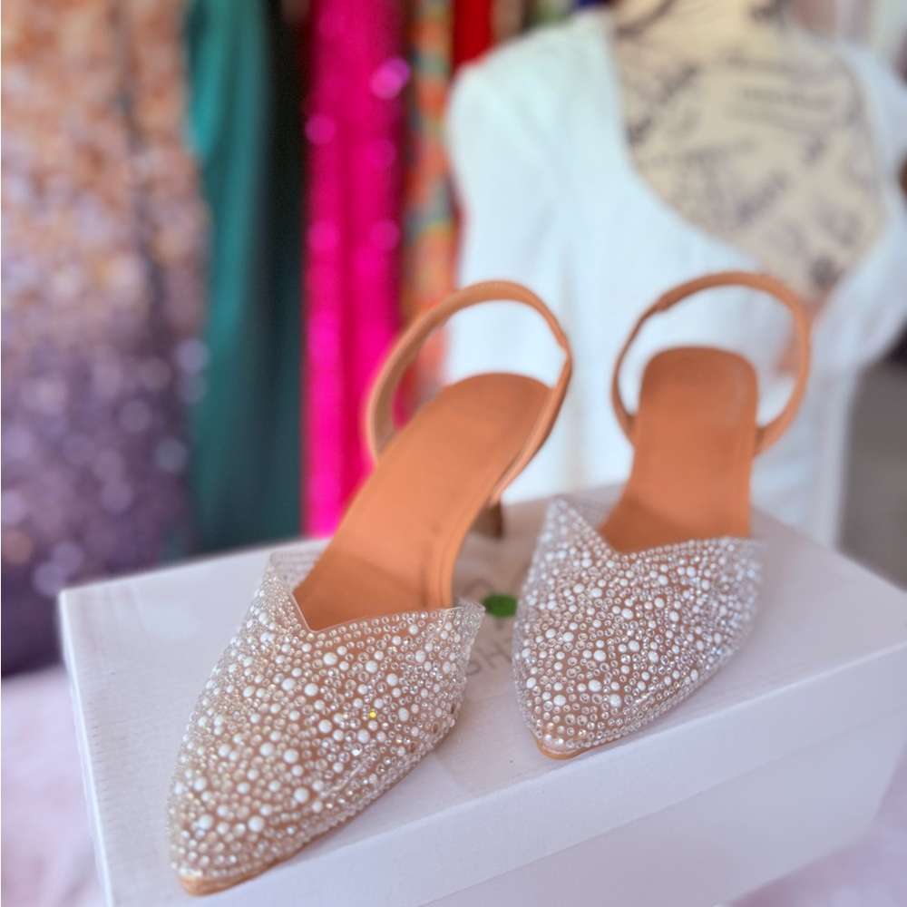 Elegant Pearl-Embellished Tan Slingback Heels